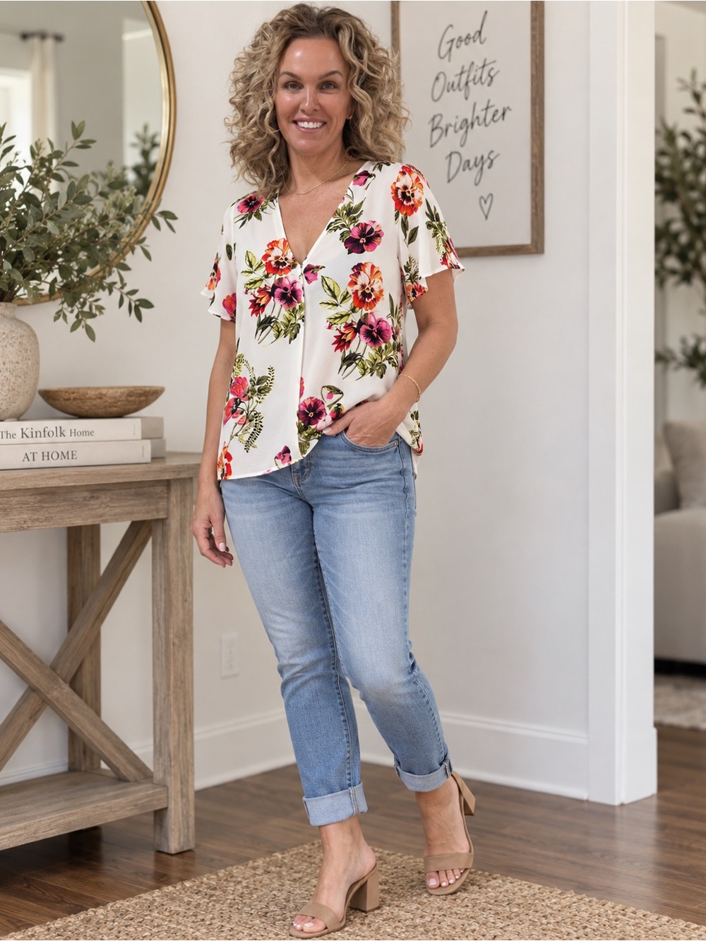New York & Company White Floral V-Neck Flutter Sleeve Blouse